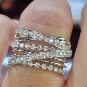 Chic Wide Trendy Intertwine Design Silver Plated Paved Shining Zirconia Ring